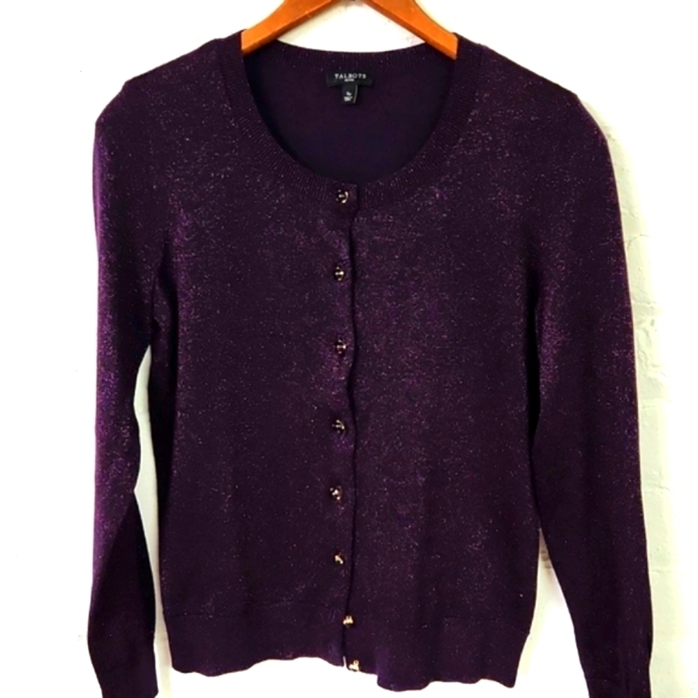 - Talbots Dark Purple Cardigan with glitter  thread Size Small Lambswool B…